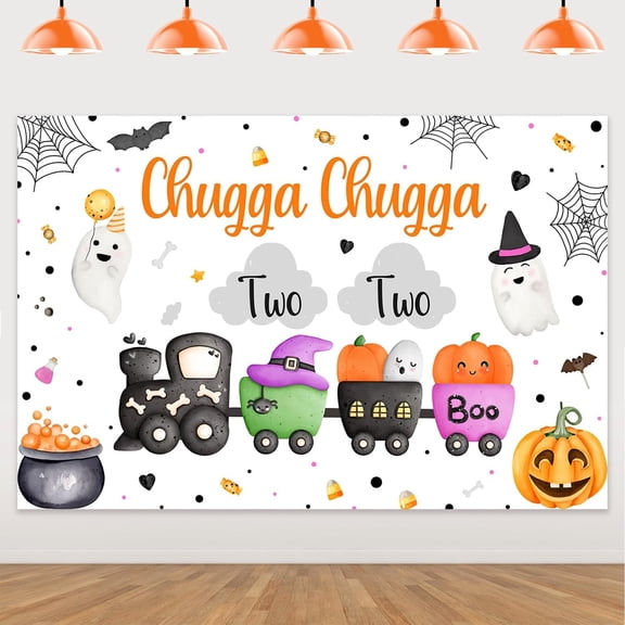 Halloween Chugga Chugga Two Two Backdrop Train Theme 2nd Birthday Decorations Pumpkin Bat Cloud Photography Background for Kids 2nd Birthday Decor Party Supplies Photo Booth Banner Props 5x3ft