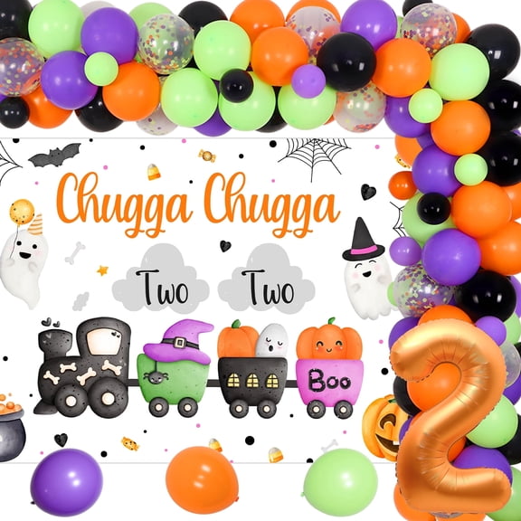 Halloween Chugga Chugga Two Two Theme 2nd Birthday Backdrop And Balloon Garland Kit, Train Party Decoration Set With 40in Number 2 Foil Balloon, Photo Booth Banner, Orange Purple Green Black Decor