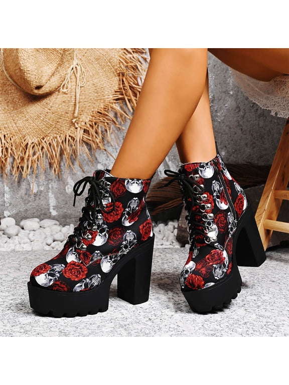 Halloween Chunky Platform Boots for Women Spooky Skull Print Retro Ankle Boots Gothic Block Heel Lace Up Novelty Fall Winter Shoes
