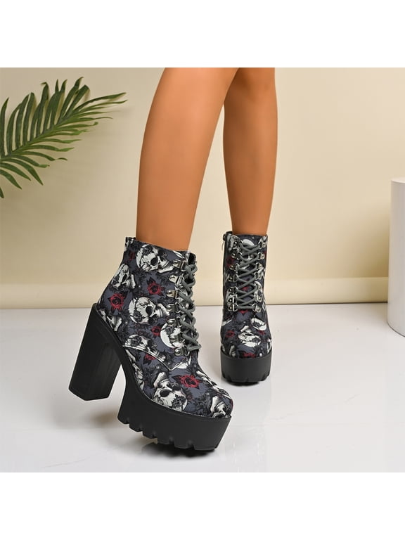 Halloween Chunky Platform Boots for Women Spooky Skull Print Retro Ankle Boots Gothic Block Heel Lace Up Novelty Fall Winter Shoes