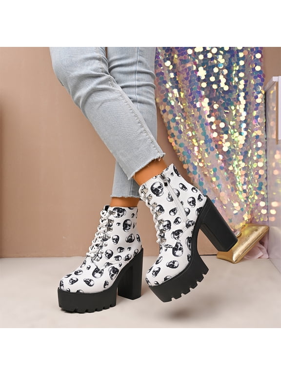 Halloween Chunky Platform Boots for Women Spooky Skull Print Retro Ankle Boots Gothic Block Heel Lace Up Novelty Fall Winter Shoes