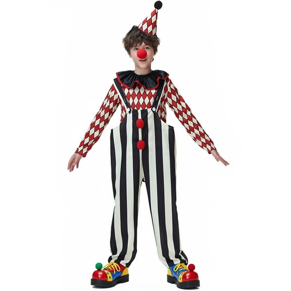 Halloween Circus Clown Costume Set with Colorful Patterned Jumpsuit and Hat for Carnival Stage Performance and Spooky Party Role Play Black