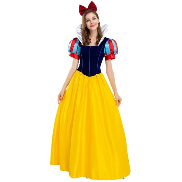 Halloween Classic Deluxe Snow White Princess Costume Adult Queen Fairytale Dress Role Cosplay for Women with Headband and Petticoat