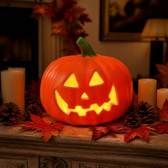 Halloween Classic Jack O Lantern Pumpkin, Grinning Smiling Pumpkin LED Light, Hollow Cutout Pumpkin Figurine for Mantel Covered Porch Indoor Fall Seasonal Home Decor