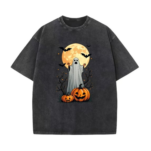Halloween Classic Washed Ghost Pumpkin Moon T Shirt Vintage Retro Graphic Tees Tops Black S-2XL Plus Size