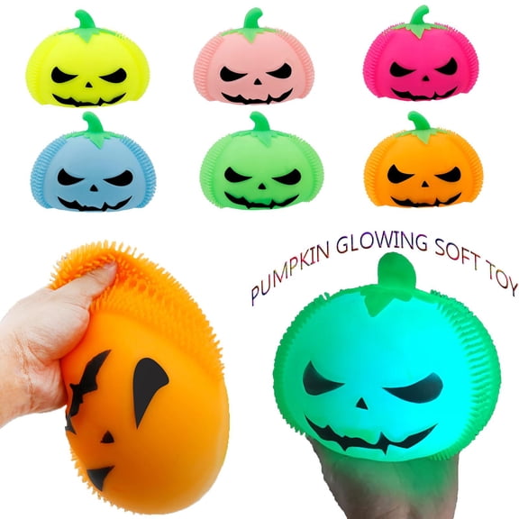 Halloween Classroom Favors, Halloween Prizes for Student, Squeezy Squeeze, Halloween Trick Or Treat Toys, Light Up 7X5 Inch Soft Orange Pumpkin Squeeze Toys for Toddlers, Teens,