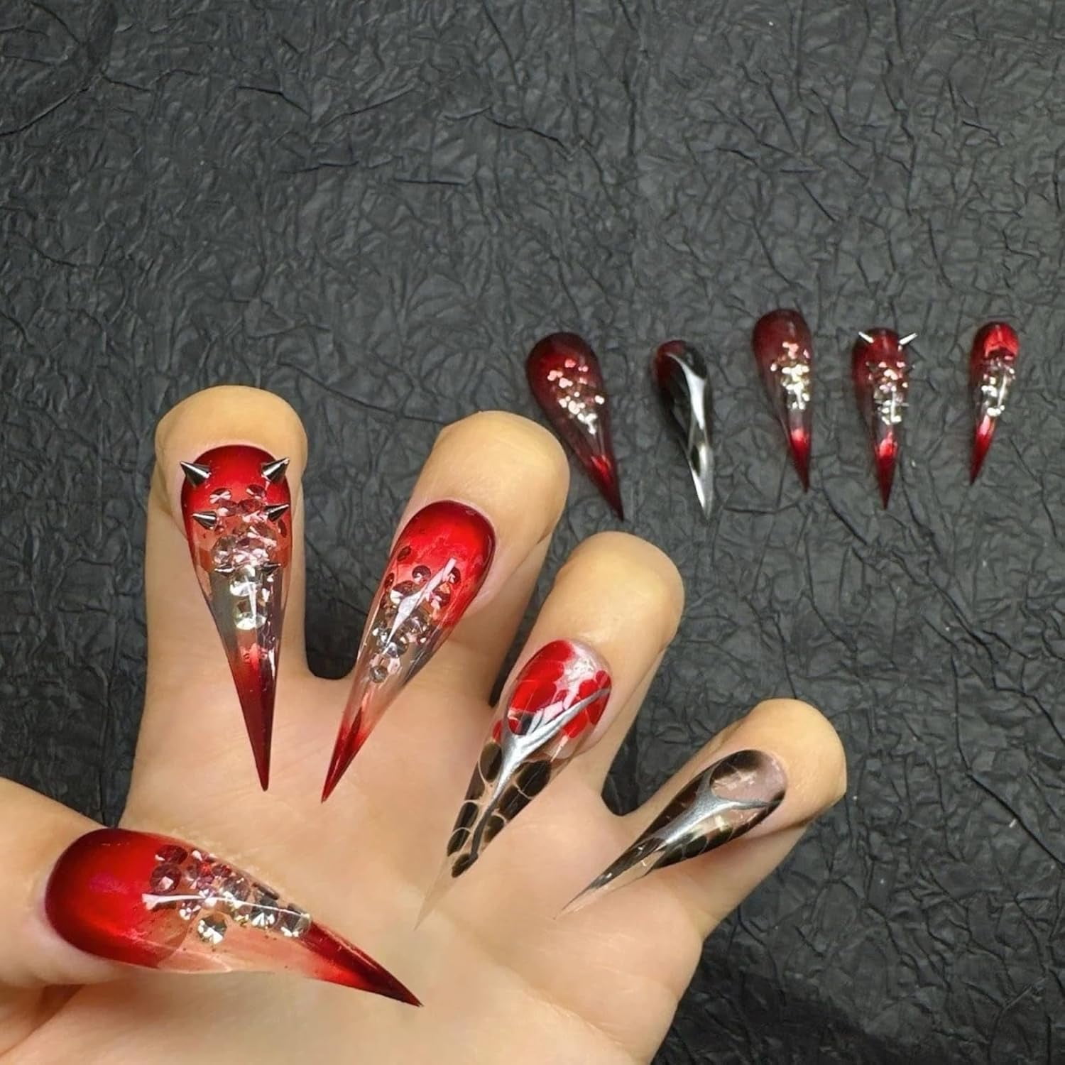 Halloween Claw Press on Nails Long Stiletto Black Red with Diamond Gradient Gothic Style Witch Press on Nails Reusable Thick Acrylic Cat Dragon Eagle Claw False Nail Glossy Glue on Nail