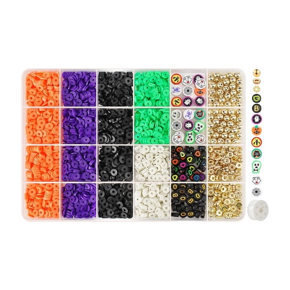 Halloween Clay Beads Bracelet Making Kit 24 Grids Polymer Heishi Beads Jewelry DIY Set with Spooky Ghost Pumpkin Focal Beads Black Gold Letter Beads for Festive Necklace Crafting
