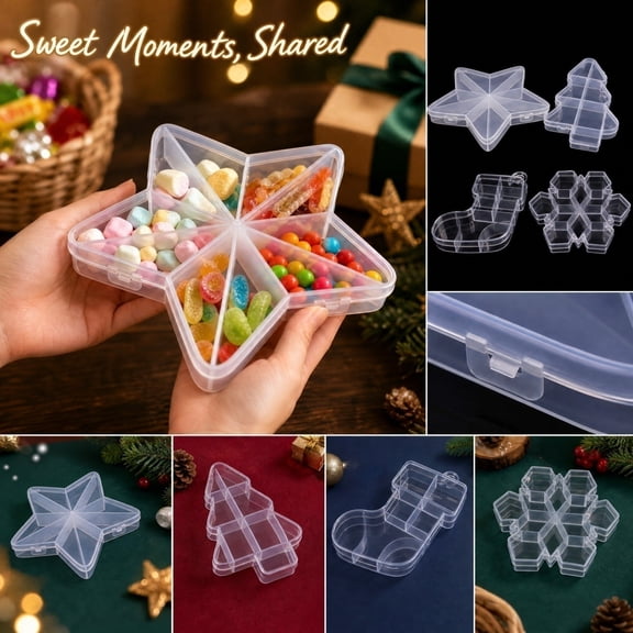 Halloween Clear Candy Treat Storage Box, Clear Plastic Storage Bins, Divided Storage Containers, Decorative Storage Box, 6X6 Inch Snowflake Shaped Halloween Trick-Or-Treat Party