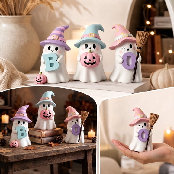 Halloween Clearance! Set of 3 Halloween Ghost Figurines, 3.70 Inch Resin Tabletop Decor with Hat Pumpkin Letter Design, Compact Indoor Ornaments for Shelf Mantel Party Home Display