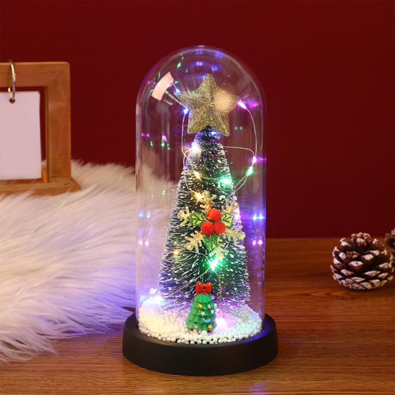 VWRXBZ Mini Christmas Tree Glass Cover LED Color Light Decoration Ornament Christmas Desktop Decoration Ornament