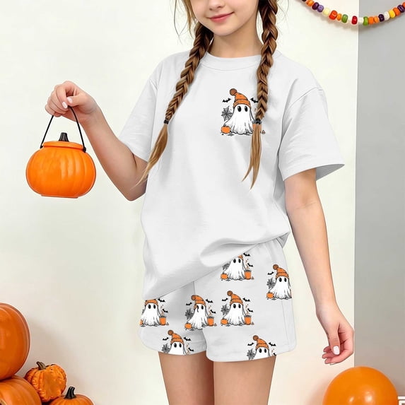 Halloween Clothes Teen Size 14-15 for Kids Girls 2 Piece Pajama Sets Short Sleeve Spooky Ghost Print Top and Shorts Loungewear Holiday Trick or Treat Casual Sleepwear