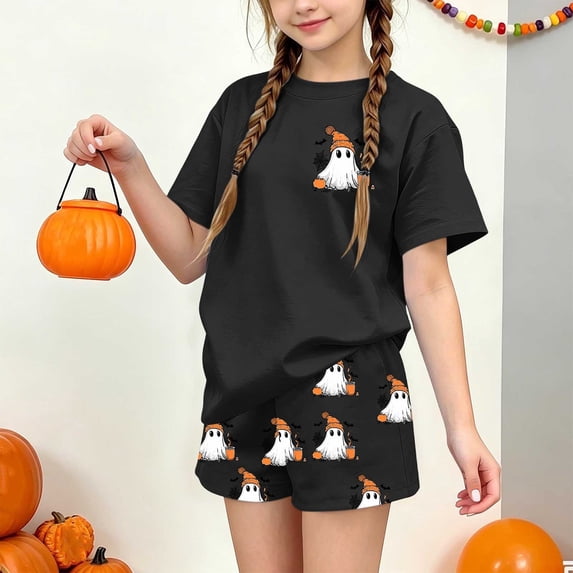 Halloween Clothes Teen Size 14-15 for Kids Girls 2 Piece Pajama Sets Short Sleeve Spooky Ghost Print Top and Shorts Loungewear Holiday Trick or Treat Casual Sleepwear