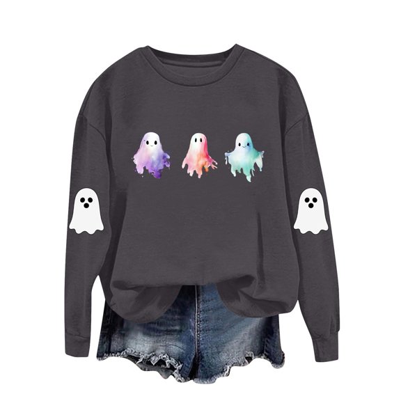 Halloween Clothes Womens Cotton Crewneck Graphic Sweatshirt Cute Ghost Pumpkin Print Long Sleeve Pullover Tops (S, Dark Gray D)
