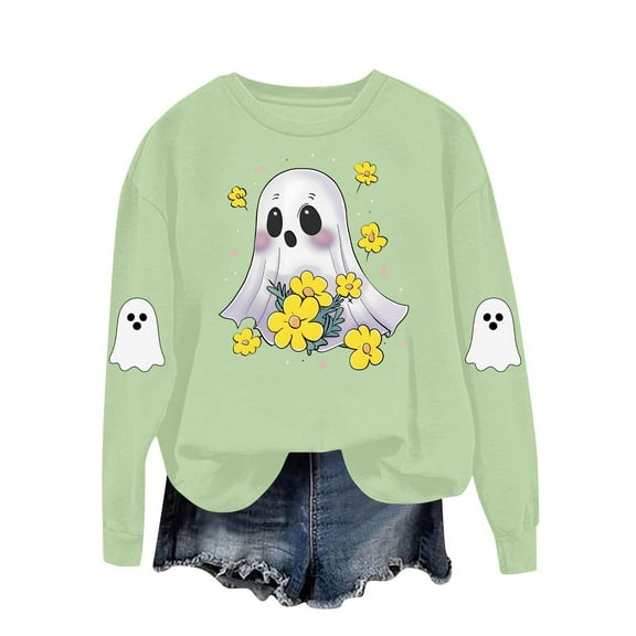 Halloween Clothes Womens Cotton Crewneck Graphic Sweatshirt Cute Ghost Pumpkin Print Long Sleeve Pullover Tops (XL, Green E)