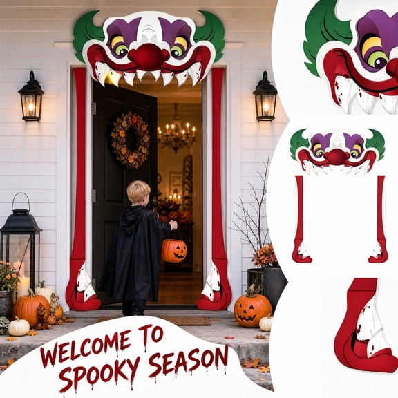 Halloween Clown Door Decorations 73.23 Inch Wide Scary Evil Clown Mouth Polyester Door Frame Banner with Teeth for Front Porch, Haunted House, Carnival and Outdoor Party Decor