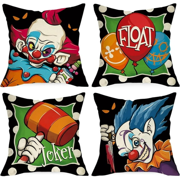 Halloween Clown Joker Decorative Throw Pillow Covers 16 x 16 Set of 4, Creepy Circus Float Balloon Hammer Cushion Case Decor, Scary Horror Polka Dot Holiday Home Decoration for Sofa Couch