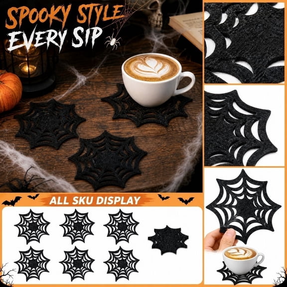 Halloween Coasters, Absorbent Coasters for Drinks, Gothic Halloween Decor, Halloween Table Decorations, 6 Pack 6X5 Inch Black Web Hollow Coasters for Cup Protection