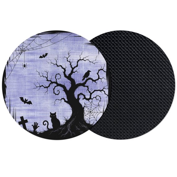 Halloween Coasters Set of 2, Absorbent Coasters for Drinks, Black Horror Trees Bats Cats Birds Rustic Purple Coaster for Desk Coffee Table Protection, Home Decor House Warming Gifts 4"