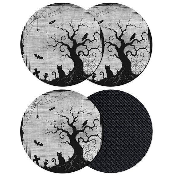 Halloween Coasters Set of 4, Absorbent Coasters for Drinks, Black Spooky Branches Bats Cats Fall Country Gray Coaster for Desk Coffee Table Protection, Home Decor House Warming Gifts 4"