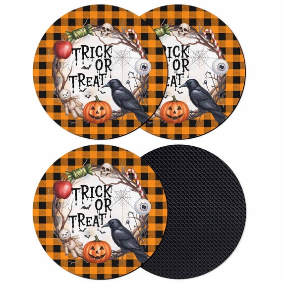 Halloween Coasters Set of 4, Absorbent Coasters for Drinks, Horror Pumpkin Crow Skull Orange Black Checkered Coaster for Desk Coffee Table Protection, Home Decor House Warming Gifts 4"