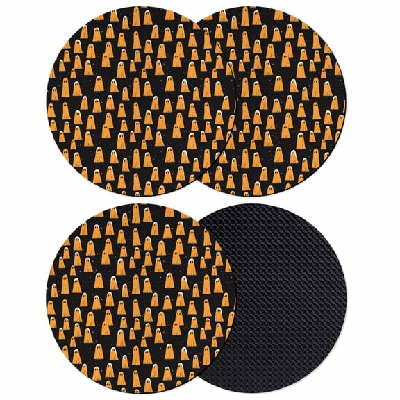 Halloween Coasters Set of 4, Absorbent Coasters for Drinks, Orange Cartoon Ghost Elf Black Background Coaster for Desk Coffee Table Protection, Home Decor House Warming Gifts 4"