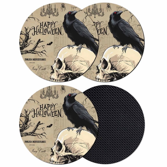 Halloween Coasters Set of 4, Absorbent Coasters for Drinks, Spooky Black Crow Skull Head Tree Brown Coaster for Desk Coffee Table Protection, Home Decor House Warming Gifts 4"