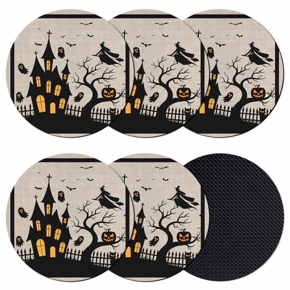 Halloween Coasters Set of 6, Absorbent Coasters for Drinks, Black Pumpkin Ghost Castle Witch Coaster for Desk Coffee Table Protection, Home Decor House Warming Gifts 4"
