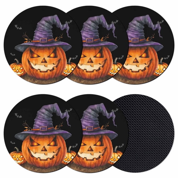 Halloween Coasters Set of 6, Absorbent Coasters for Drinks, Orange Fall Pumpkin Witch Hat Bat Black Coaster for Desk Coffee Table Protection, Home Decor House Warming Gifts 4"