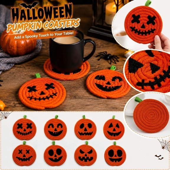 Halloween Coasters, Woven Jack O Lantern Faces, for Halloween Table Decorations, Halloween Kitchen Decor, Pumpkin Decorations for Home, Cotton Rope, 5X4.5 Inch, 8 Piece Set