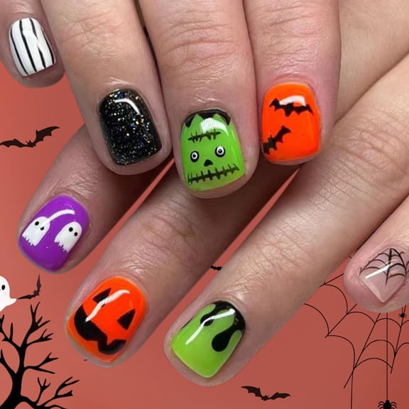 Halloween Cobweb Bat Press-On Nails Short Square Glitter Fake Tips 24PCS Party