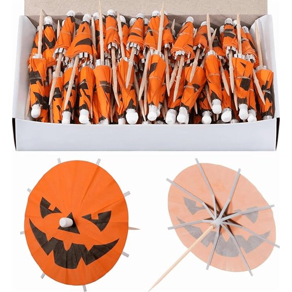 Halloween Cocktail Picks, Halloween Pumpkin, Umbrella Toothpicks, Cocktail Toothpicks, 50 Pack Jack-O-Lantern Parasol Picks for Drinks,Party