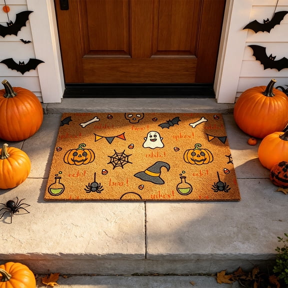 Halloween Coconut Coir Doormat 40x60cm Pumpkin Welcome Front Door Mat Non-Slip Outdoor Entry Rug Holiday Decor Mat
