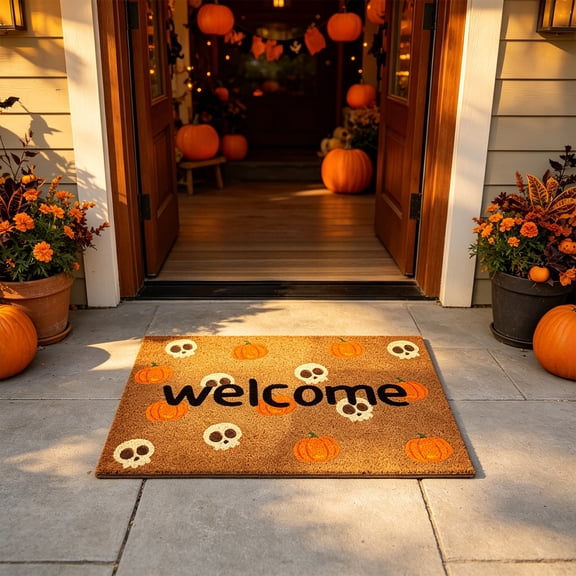 Halloween Coconut Coir Doormat 40x60cm Pumpkin Welcome Front Door Mat Non-Slip Outdoor Entry Rug Holiday Decor Mat