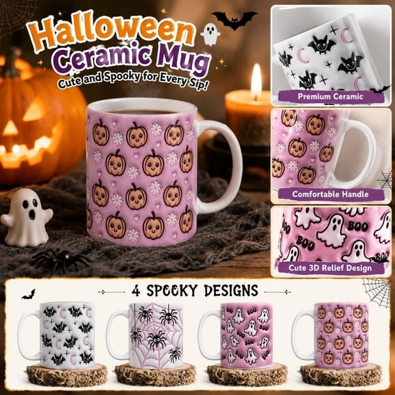 Halloween Coffee Cup, Halloween Decorations, Bat Decor, Pink Halloween Decor, 3.5X4 Inch Flat 3D-Effect Black Bat Ceramic Halloween Mug, Adorable Spooky Beverage Cup for Fall