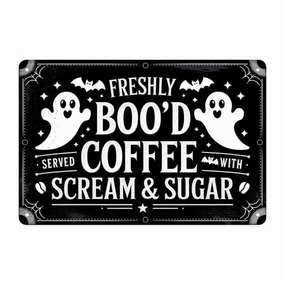 Halloween Coffee Ghosts Bats  Tin Sign, Vintage Halloween Boo'd Coffee Metal Sign Print Aesthetic Room Decoration for Home Bedroom Dorm Bathroom Wall Decor 8 X 12 in