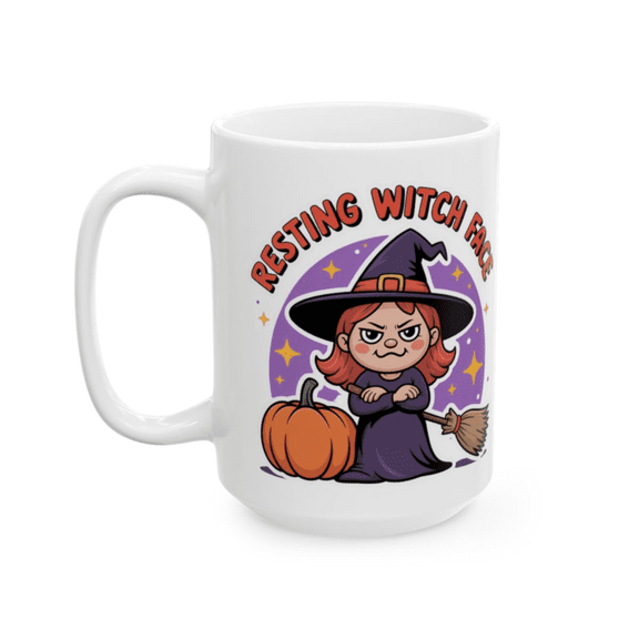 Halloween Coffee Mug 15 oz Resting Witch Face Funny Witch Design White Ceramic Cup for Coffee, Tea & Cocoa