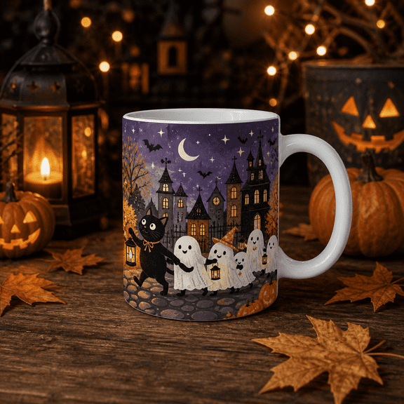 Halloween Coffee Mug Black Cat Ghost Parade Ceramic Coffee Cup for Fall Halloween Fans