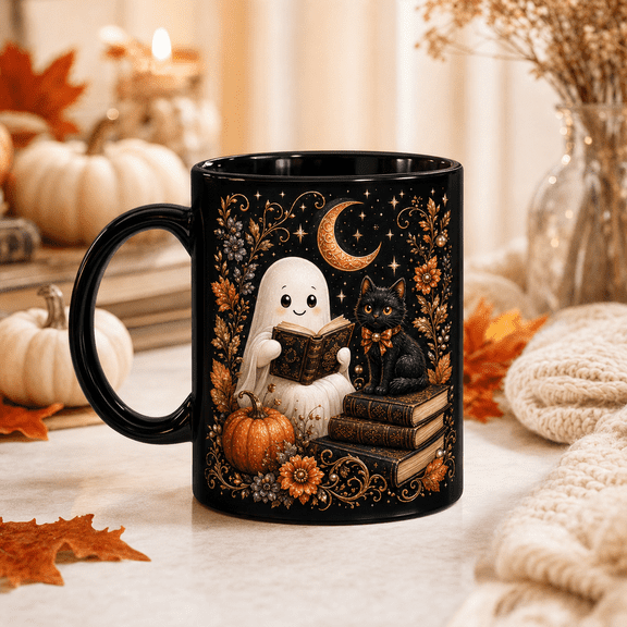 Halloween Coffee Mug Spooky Reading Ghost Cat Ceramic for Tea Coffee Book Lovers