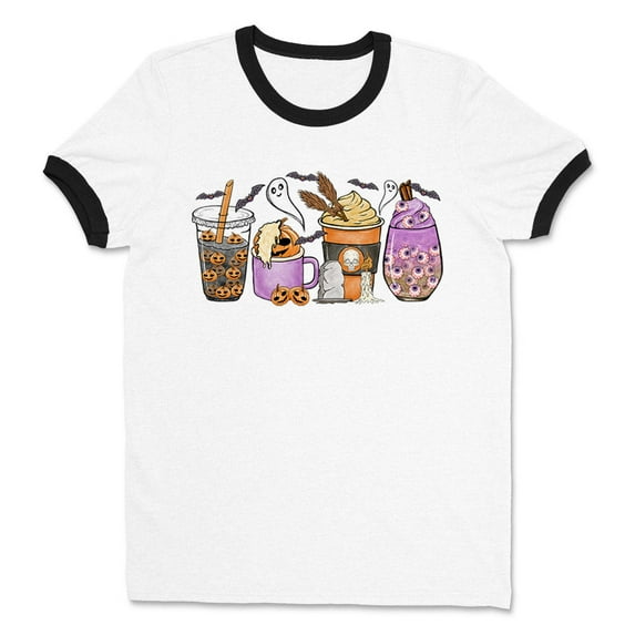 Halloween Coffee Ringer Tee Shirt Unisex Large White/Black