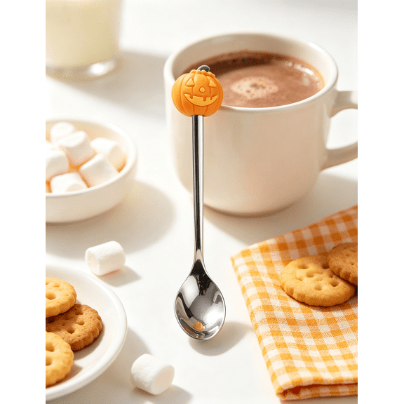 Halloween Coffee Spoons with Pumpkin Pendant, Stainless Steel Stirring Spoons for Kitchen, Spooky Party Table Decorations, Unique Fall Seasonal Home Decor Gifts, 1Pack