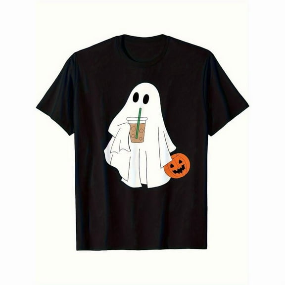 Halloween Coffee T-Shirt Cute Pumpkin Graphic Tee Casual Short Sleeve Round Neck Top Black S-5XL