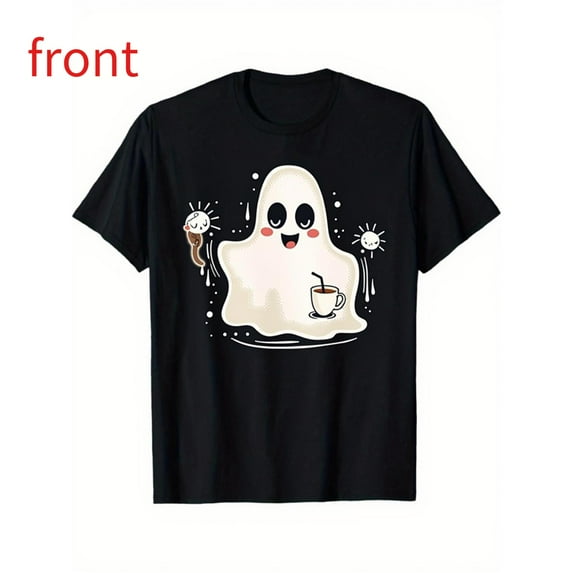 Halloween Coffee Tee Cute Ghost Graphic Morning Top Short Sleeve Round Neck Breathable Black S-5XL