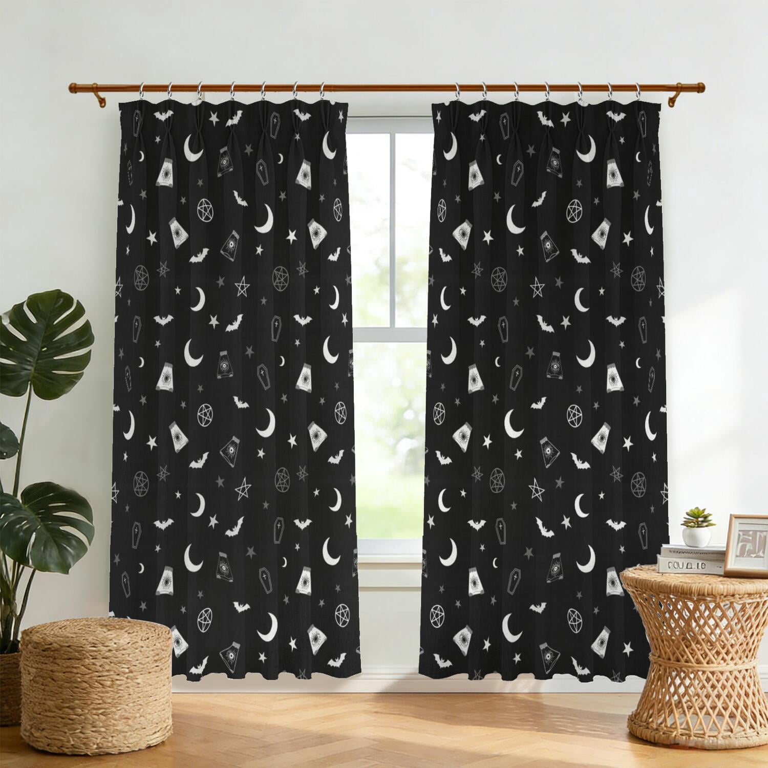 Halloween Coffin Bat Pattern Pinch Pleat Semi Sheer Linen Curtains ...