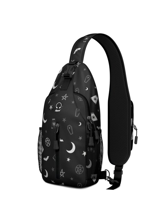Halloween Coffin Bat Pattern Sling Backpack, Travel Shoulder Pack with Earphone Port, Breathable Padded Back Gift Ideas for Holiday Birthday Gifts