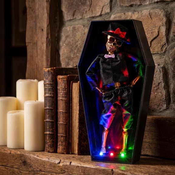 Halloween Coffin Dancing Skeleton Decor, Bride and Groom Couple Skeleton with LED Lights, Spooky Dancing Figure Gothic Party Decor for Tabletop Display