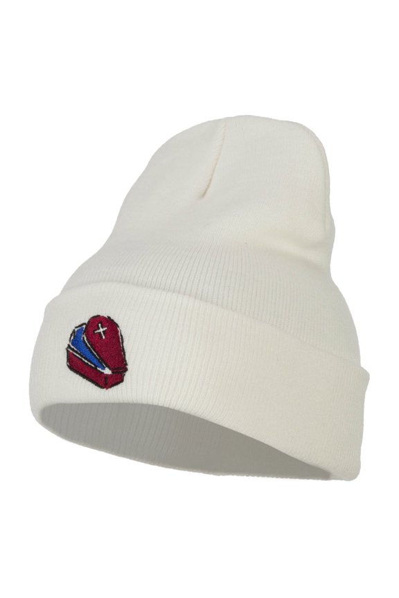 Halloween Coffin Embroidered Long Beanie - White OSFM