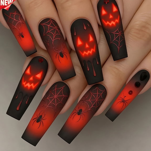 Halloween Coffin Resin Press On Nails Full Cover Fake False Stick On Nails, Reusable Artificial Nail Tips Luminous Pumpkin Spider Web Gradient Spooky Design for Halloween Party DIY Manicure 24 Pcs