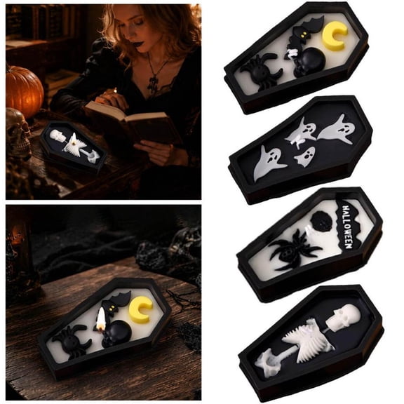 Halloween Coffin Scented Candle 3D White Ghost Figurine Inside Long Clean Burn Paraffin Wax Ornament Gothic Bedroom Mantel Tabletop Dark Decor