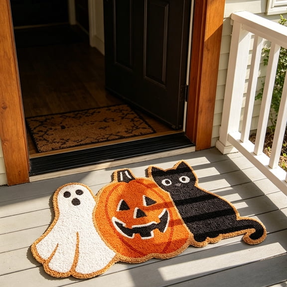 Halloween Coir-Look Doormat, Ghost Pumpkin Black Cat Shaped Non Slip Entry Rug Fall Front Porch Welcome Floor Mat